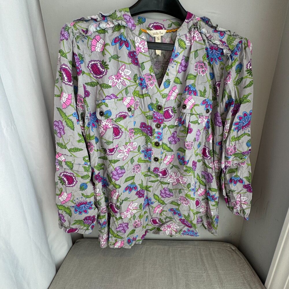 Matilda Jane Thinking Out Loud 3/4 Sleeve Blouse M Rayon Gray Pink Floral